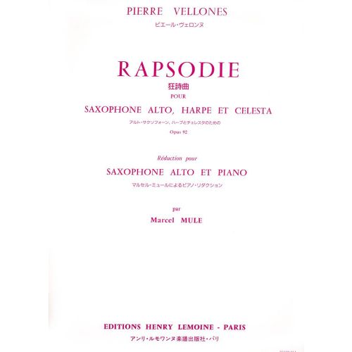 Vellones - Rhapsodie Op.92 Saxo/po - Saxophone Mib et Piano
