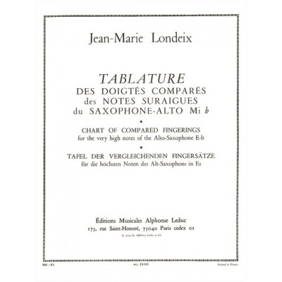 Londeix JEAN-marie - Tablature Des Doigtes Compares Des Notes Suraigues - Saxophone Alto