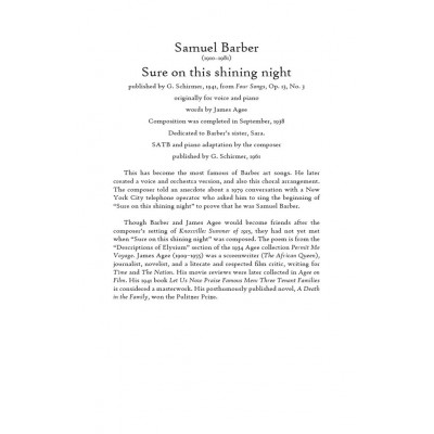 Barber Samuel - Sure On The Shining Night Op.13 N°3 - Satb & Piano