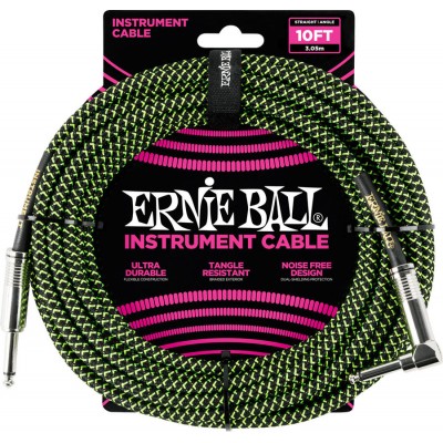 Cables Instrument Gaine Tisse Jack/jack Coudé 3M Noir/vert