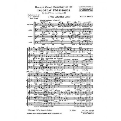 Seiber - Yugoslav FOLK-songs No. 229 - Choeur Mixte (satb) A Cappella