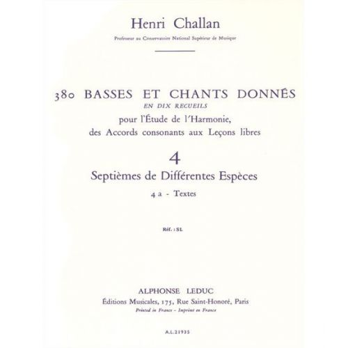 CHALLAN H. - 380 BASSES ET CHANTS DONNES VOL.4A (SEPTIEMES DIFFERENTES ESPECES) - TEXTES